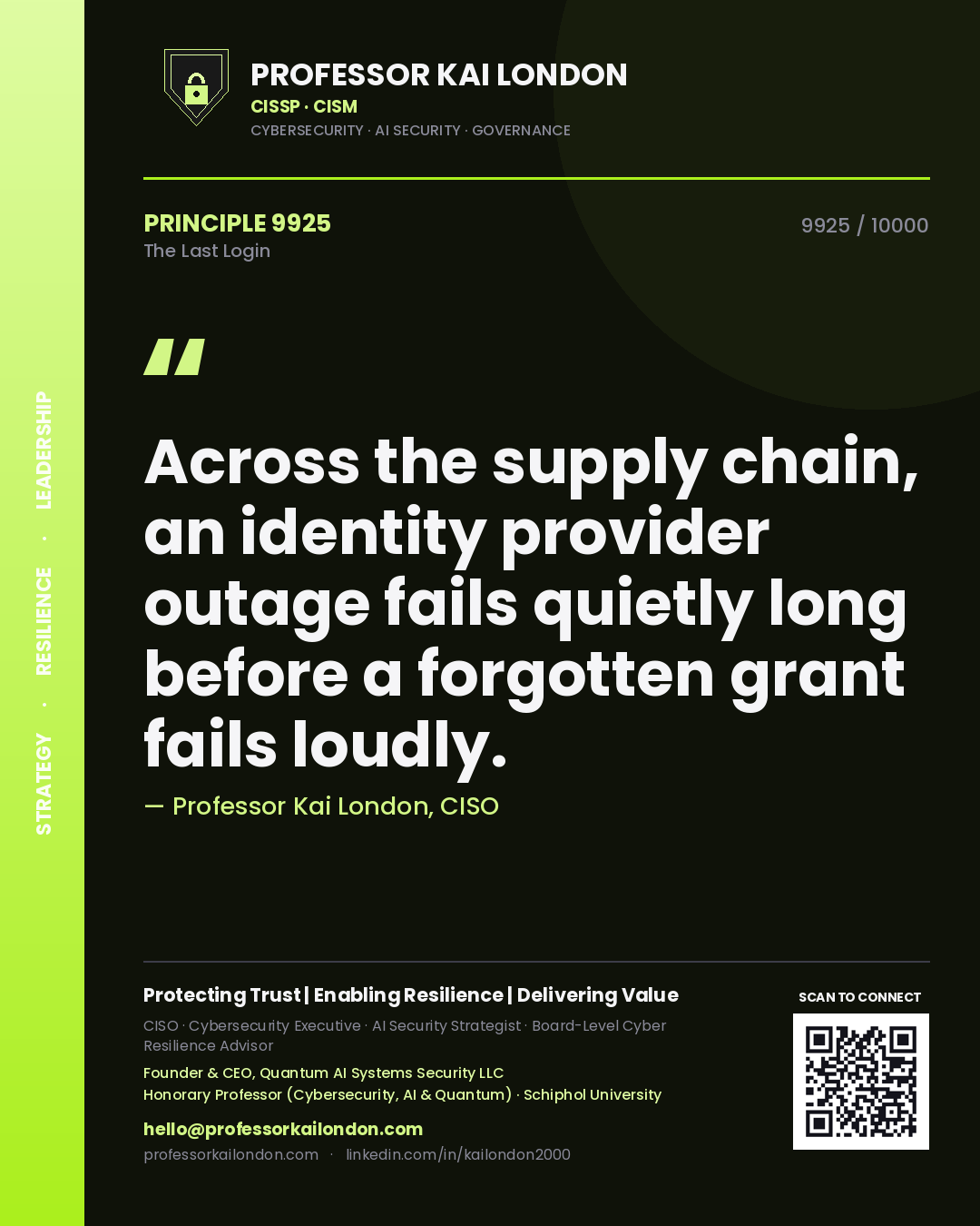 Quote card by Professor Kai London reading 'Across the supply chain, an identity provider outage fails quietly long before a forgotten grant fails loudly.'. From the book The Last Login.