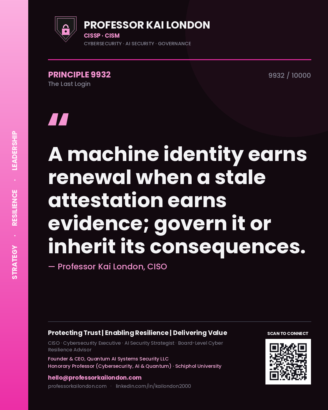 Quote card by Professor Kai London reading 'A machine identity earns renewal when a stale attestation earns evidence; govern it or inherit its consequences.'. From the book The Last Login.