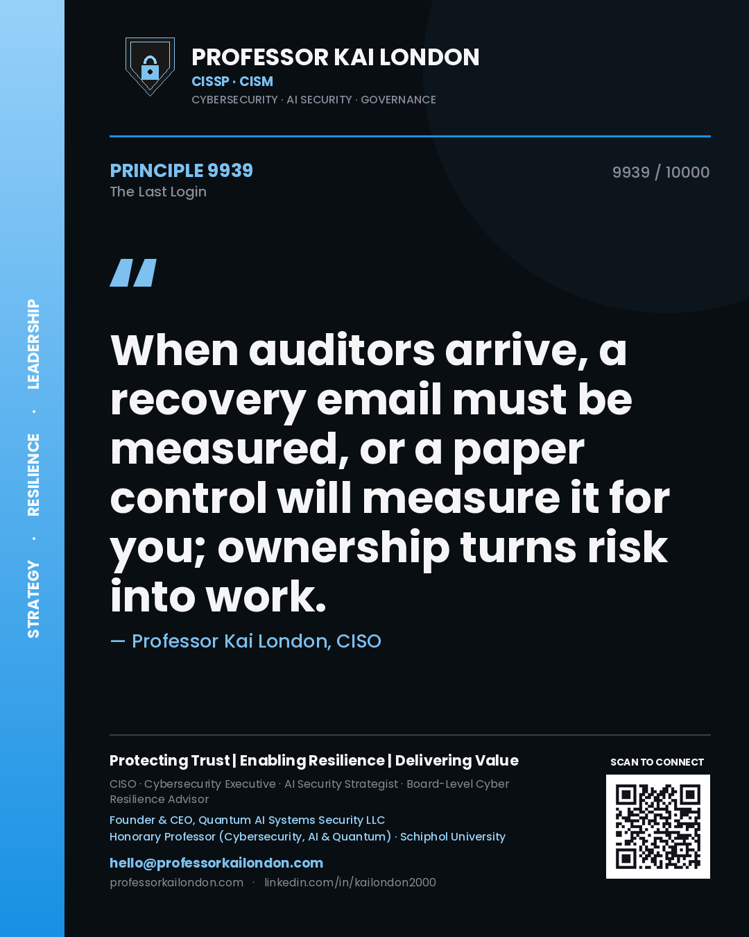 Quote card by Professor Kai London reading 'When auditors arrive, a recovery email must be measured, or a paper control will measure it for you; ownership turns risk into work.'. From the book The Last Login.