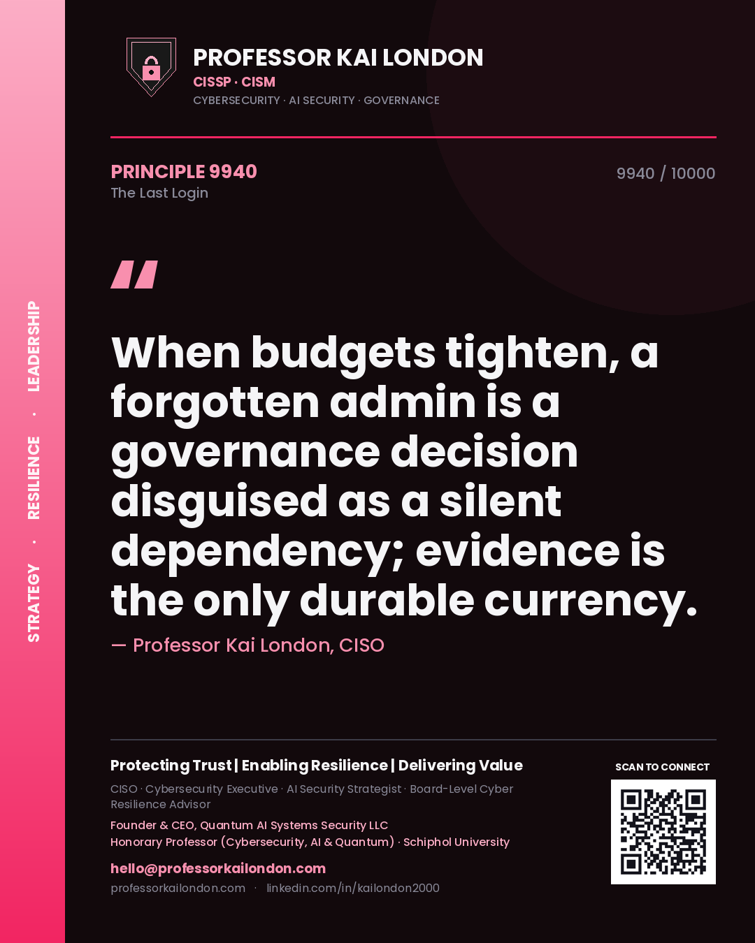 Quote card by Professor Kai London reading 'When budgets tighten, a forgotten admin is a governance decision disguised as a silent dependency; evidence is the only durable currency.'. From the book The Last Login.