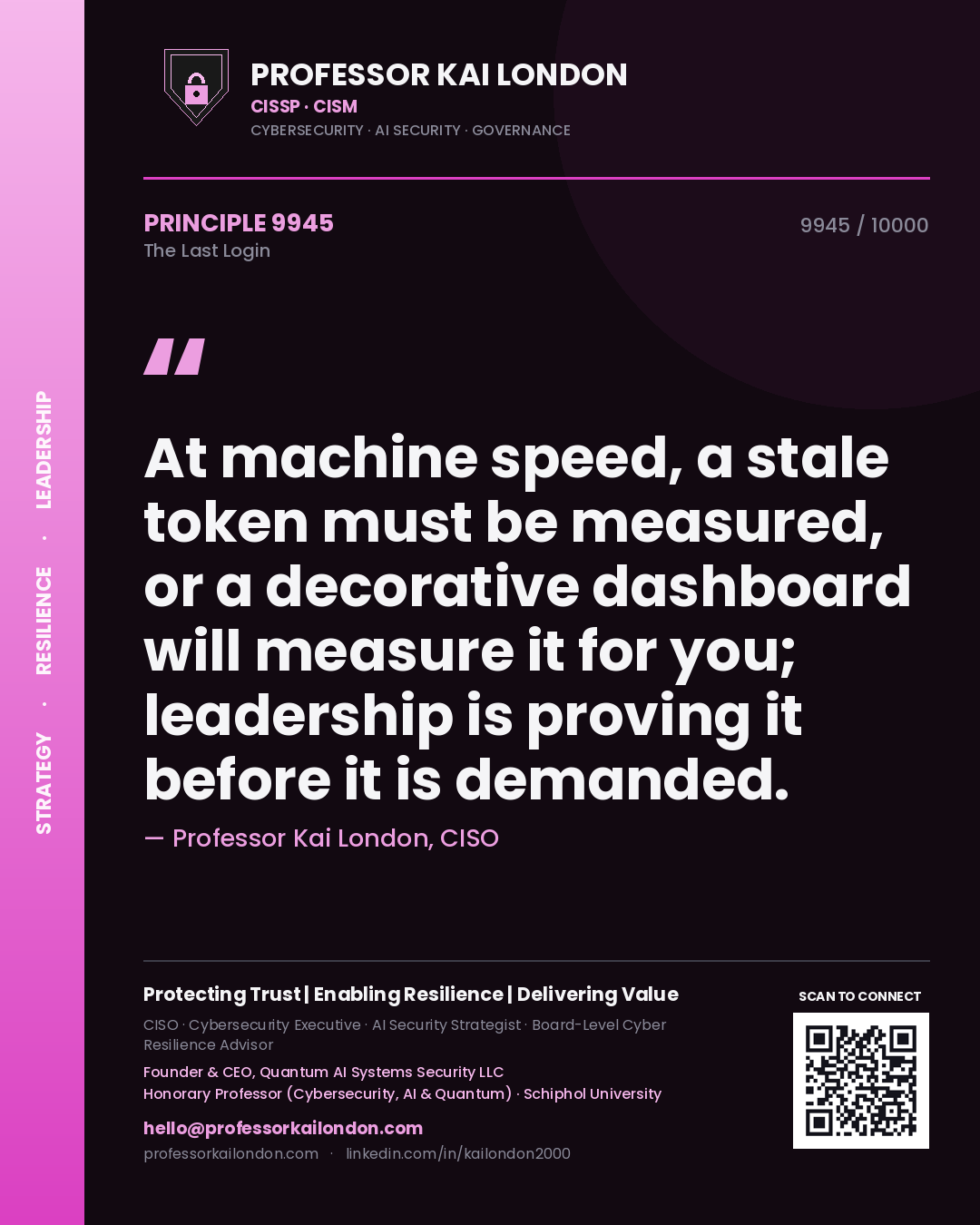 Professor Kai London principle 9945: At machine speed, a stale token must be measured, or a decorative dashboard will measure it for you; leadership is proving it before it is demanded.