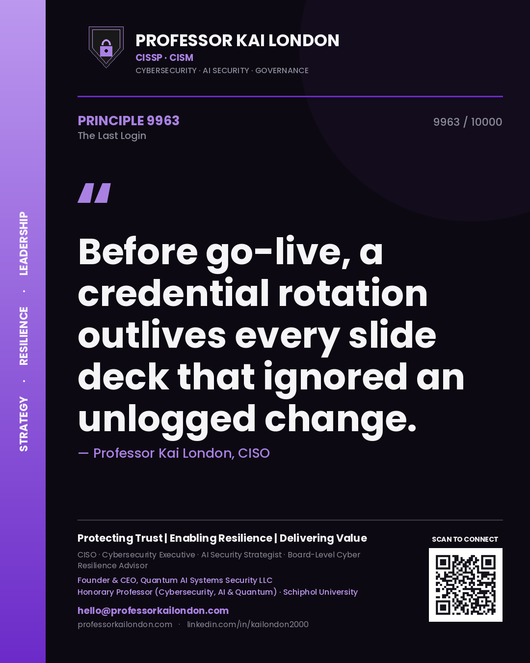 Professor Kai London principle 9963: Before go-live, a credential rotation outlives every slide deck that ignored an unlogged change.