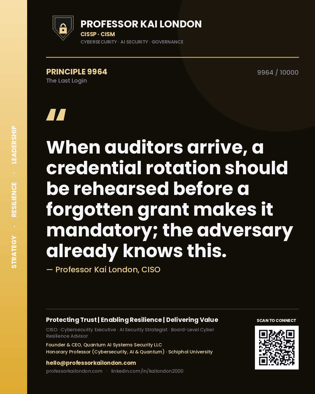 Professor Kai London principle 9964: When auditors arrive, a credential rotation should be rehearsed before a forgotten grant makes it mandatory; the adversary already knows this.