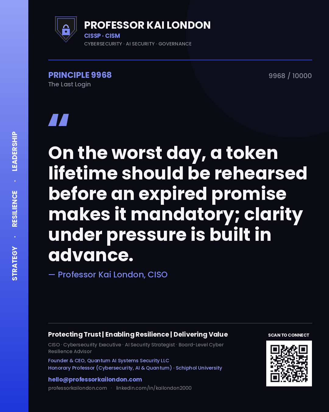 Quote card by Professor Kai London reading 'On the worst day, a token lifetime should be rehearsed before an expired promise makes it mandatory; clarity under pressure is built in advance.'. From the book The Last Login.