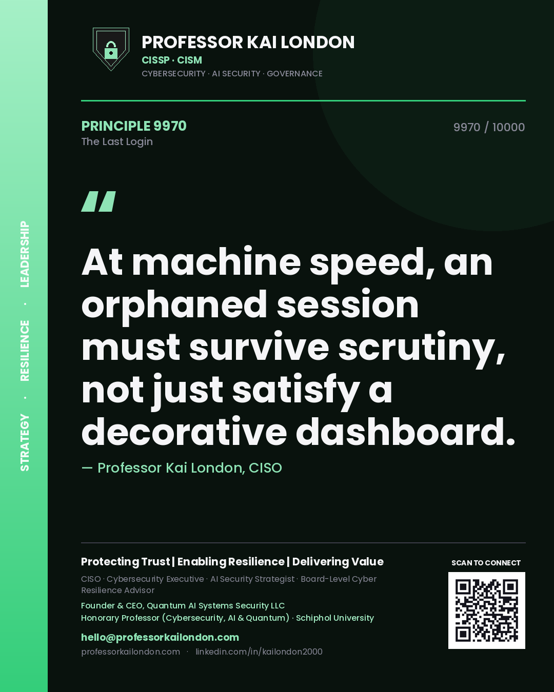 Professor Kai London principle 9970: At machine speed, an orphaned session must survive scrutiny, not just satisfy a decorative dashboard.