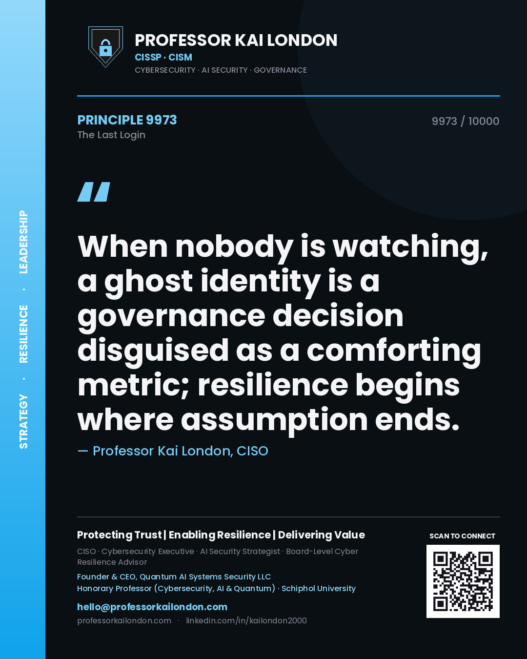 Quote card by Professor Kai London reading 'When nobody is watching, a ghost identity is a governance decision disguised as a comforting metric; resilience begins where assumption ends.'. From the book The Last Login.