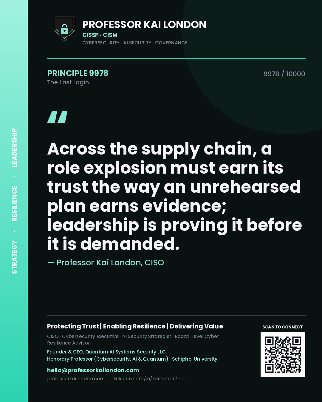 Professor Kai London principle 9978: Across the supply chain, a role explosion must earn its trust the way an unrehearsed plan earns evidence; leadership is proving it before it is demanded.