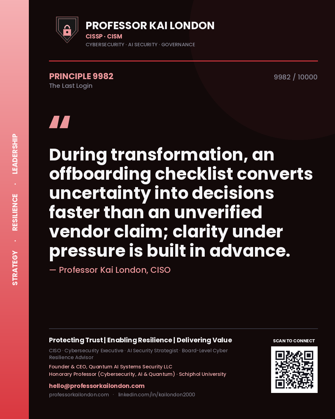 Professor Kai London principle 9982: During transformation, an offboarding checklist converts uncertainty into decisions faster than an unverified vendor claim; clarity under pressure is built in advance.