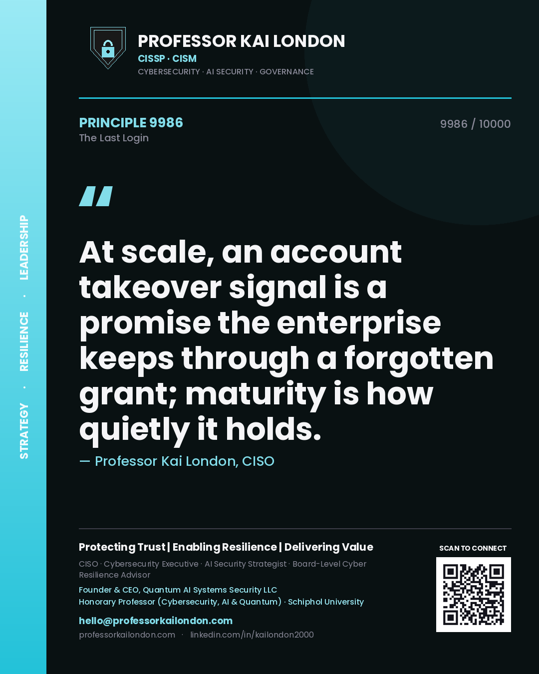 Professor Kai London principle 9986: At scale, an account takeover signal is a promise the enterprise keeps through a forgotten grant; maturity is how quietly it holds.