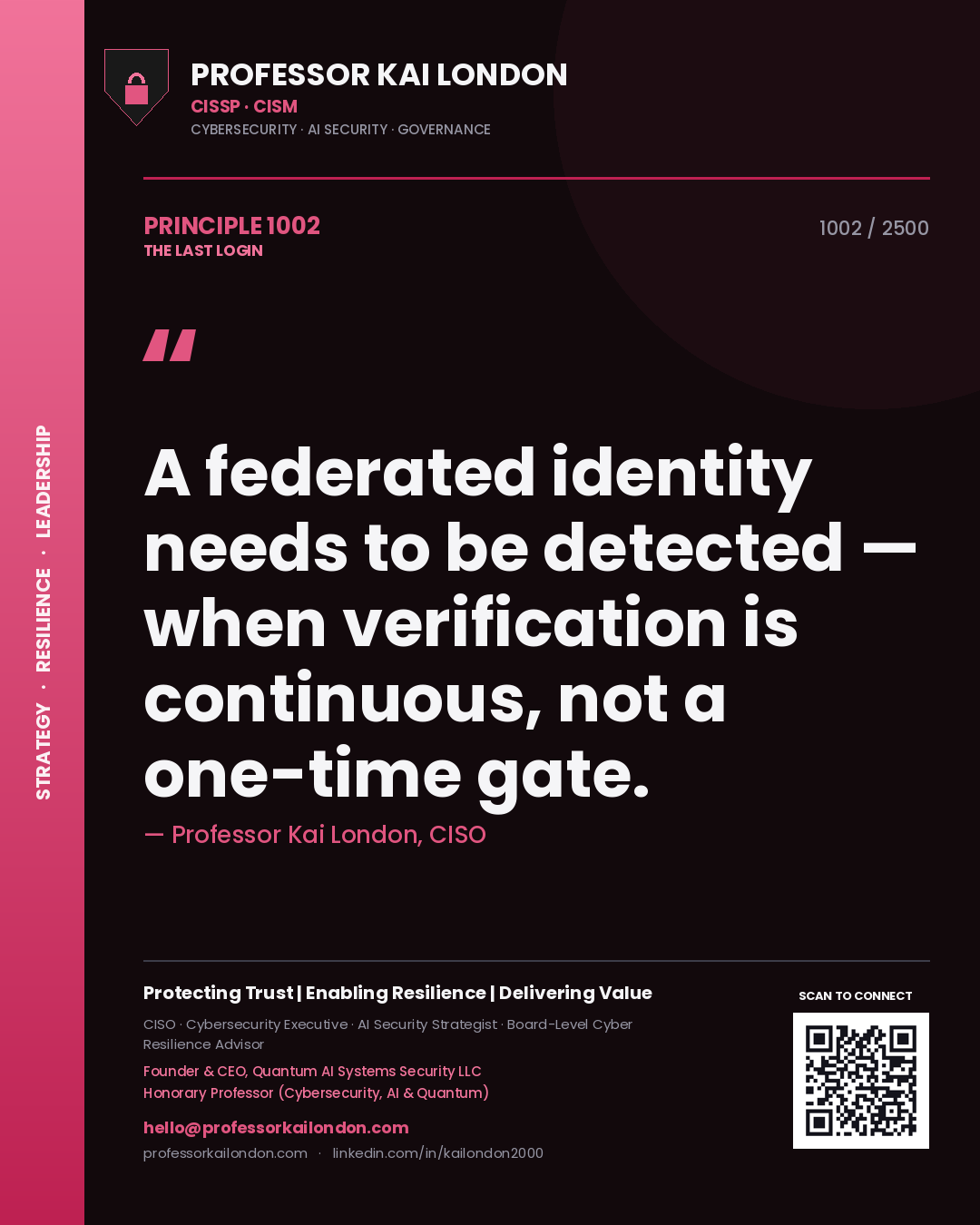 Quote card by Professor Kai London reading 'A federated identity needs to be detected — when verification is continuous, not a one-time gate.'. From the book The Last Login.