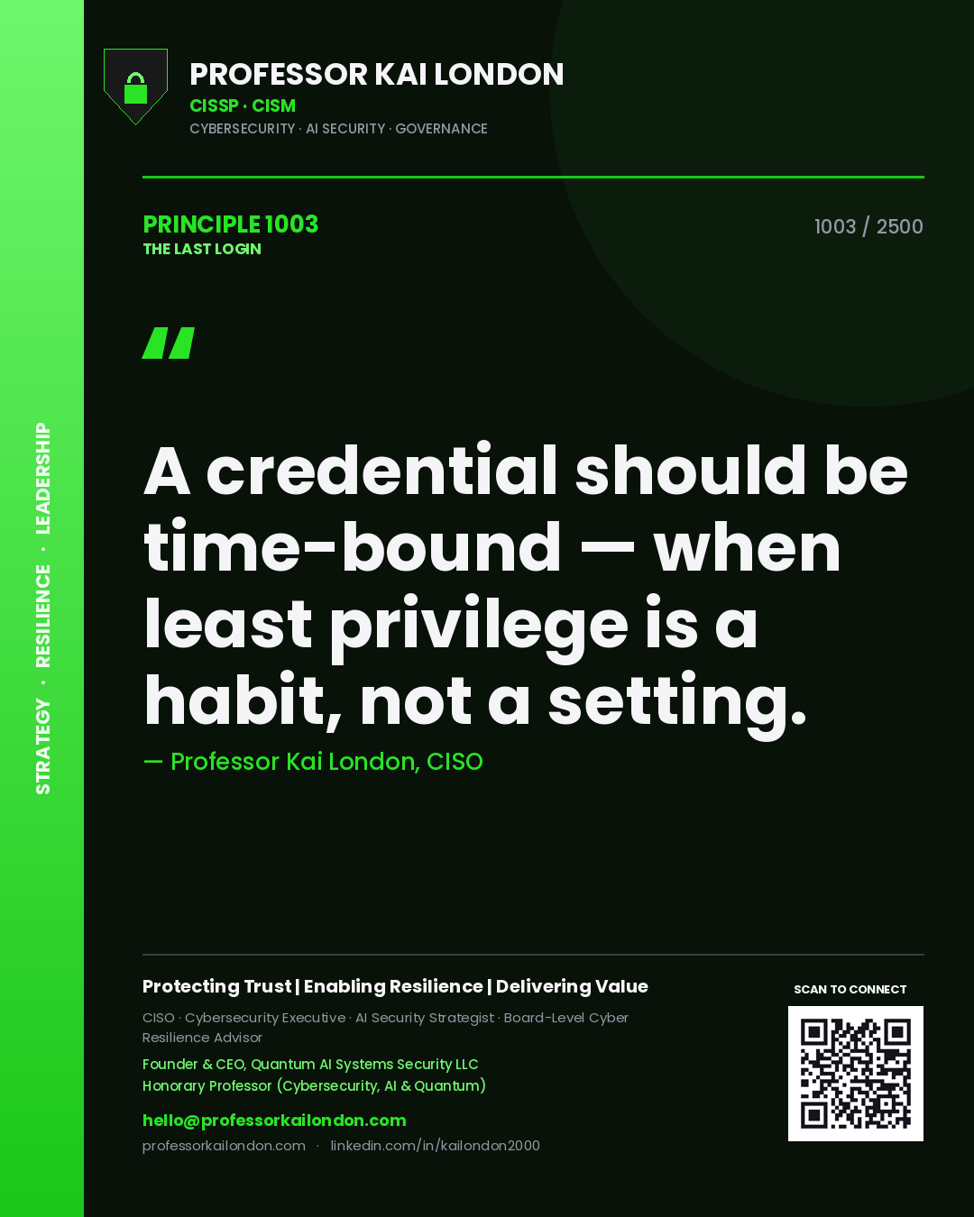 Professor Kai London principle 1003: A credential should be time-bound — when least privilege is a habit, not a setting.