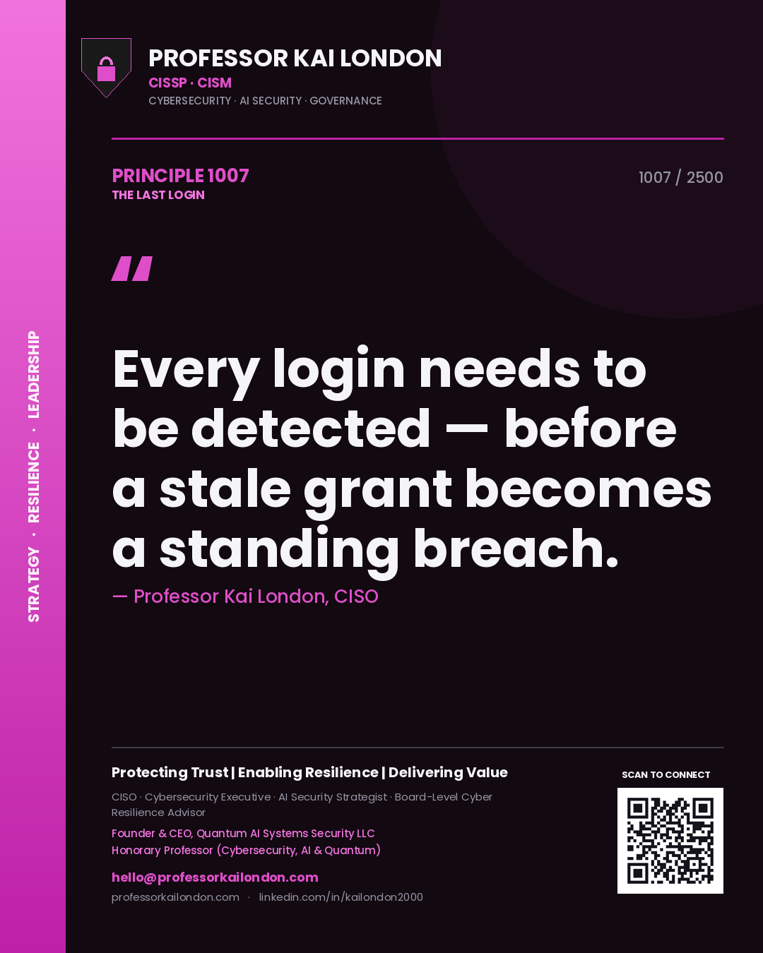 Professor Kai London principle 1007: Every login needs to be detected — before a stale grant becomes a standing breach.
