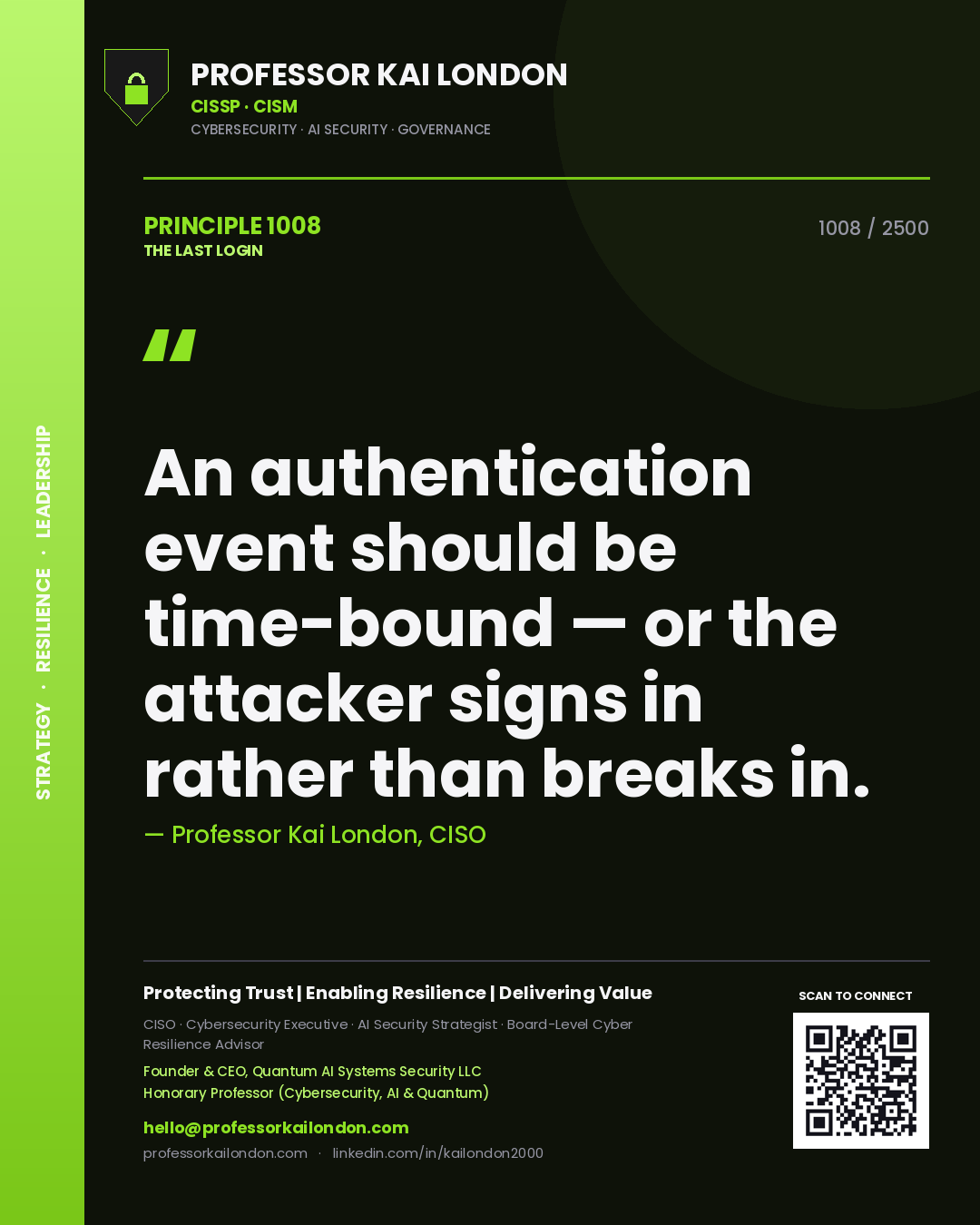 Professor Kai London principle 1008: An authentication event should be time-bound — or the attacker signs in rather than breaks in.