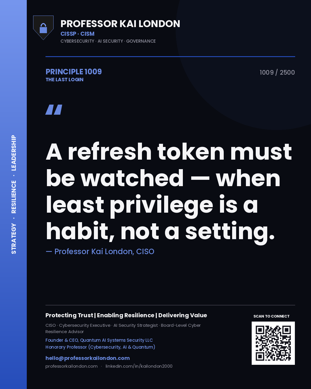 Quote card by Professor Kai London reading 'A refresh token must be watched — when least privilege is a habit, not a setting.'. From the book The Last Login.