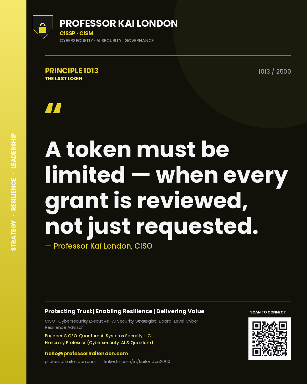 Quote card by Professor Kai London reading 'A token must be limited — when every grant is reviewed, not just requested.'. From the book The Last Login.