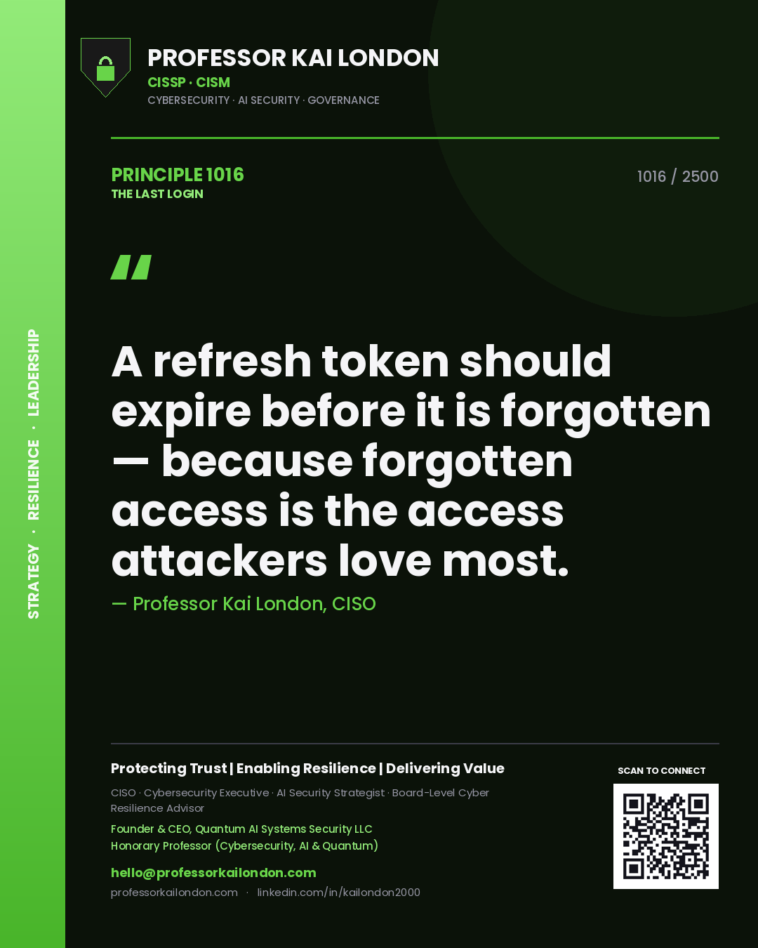 Professor Kai London principle 1016: A refresh token should expire before it is forgotten — because forgotten access is the access attackers love most.