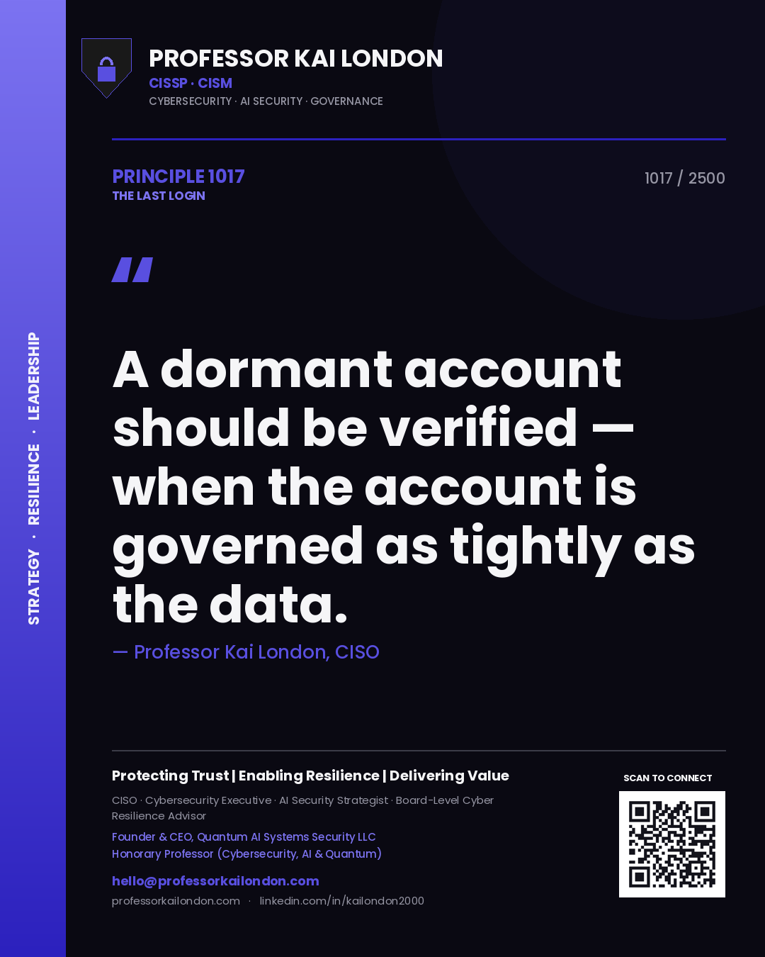 Professor Kai London principle 1017: A dormant account should be verified — when the account is governed as tightly as the data.