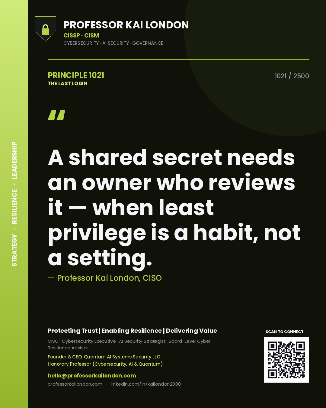 Professor Kai London principle 1021: A shared secret needs an owner who reviews it — when least privilege is a habit, not a setting.