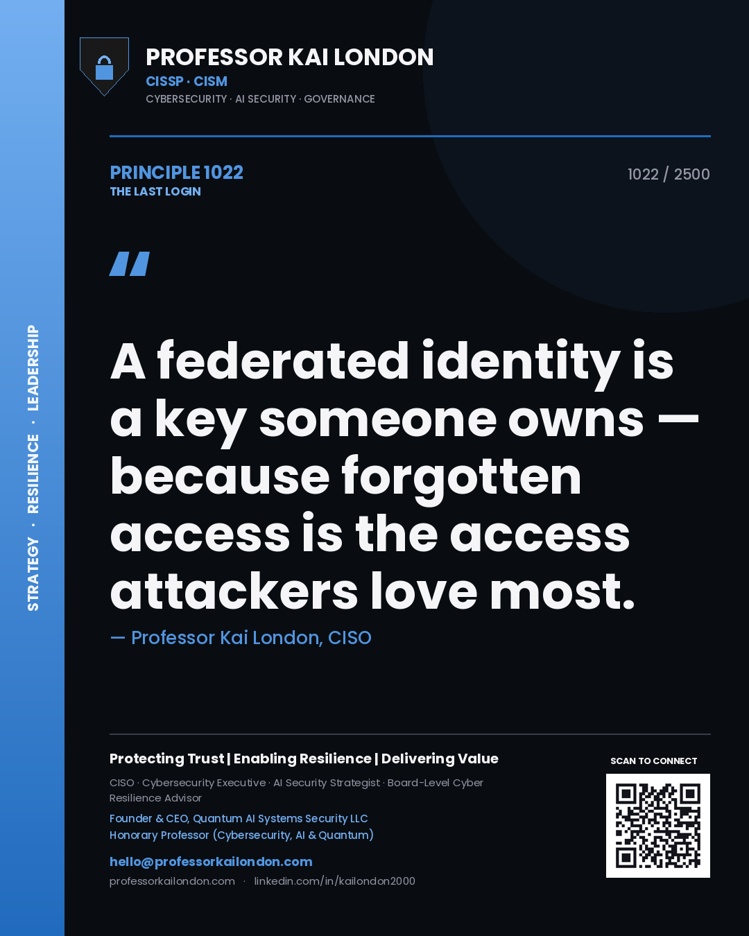 Professor Kai London principle 1022: A federated identity is a key someone owns — because forgotten access is the access attackers love most.