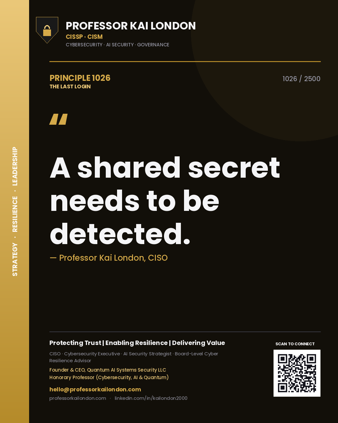 Quote card by Professor Kai London reading 'A shared secret needs to be detected.'. From the book The Last Login.