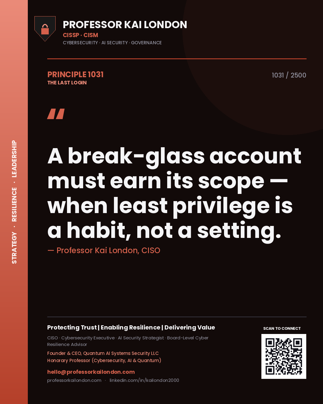 Professor Kai London principle 1031: A break-glass account must earn its scope — when least privilege is a habit, not a setting.