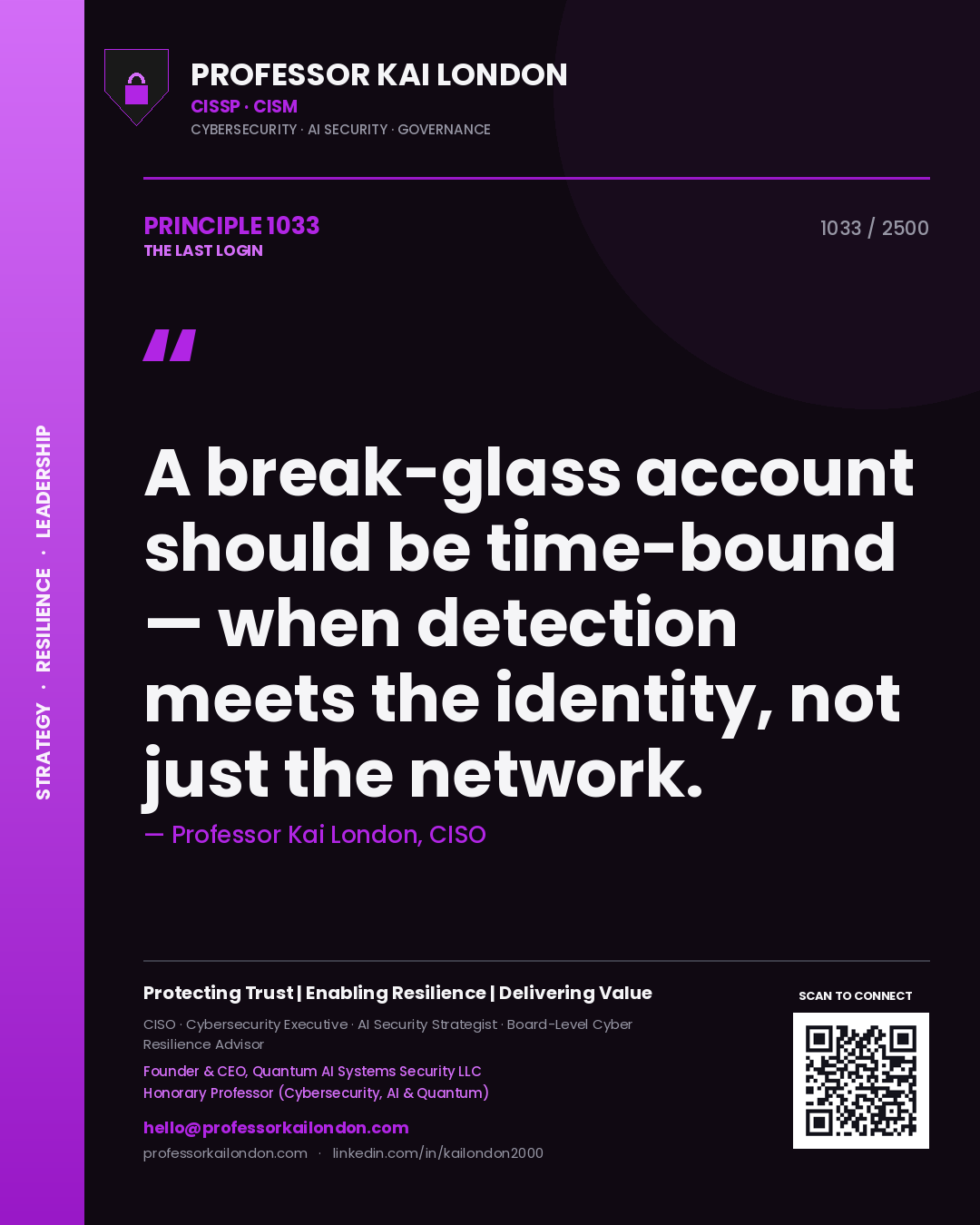 Quote card by Professor Kai London reading 'A break-glass account should be time-bound — when detection meets the identity, not just the network.'. From the book The Last Login.