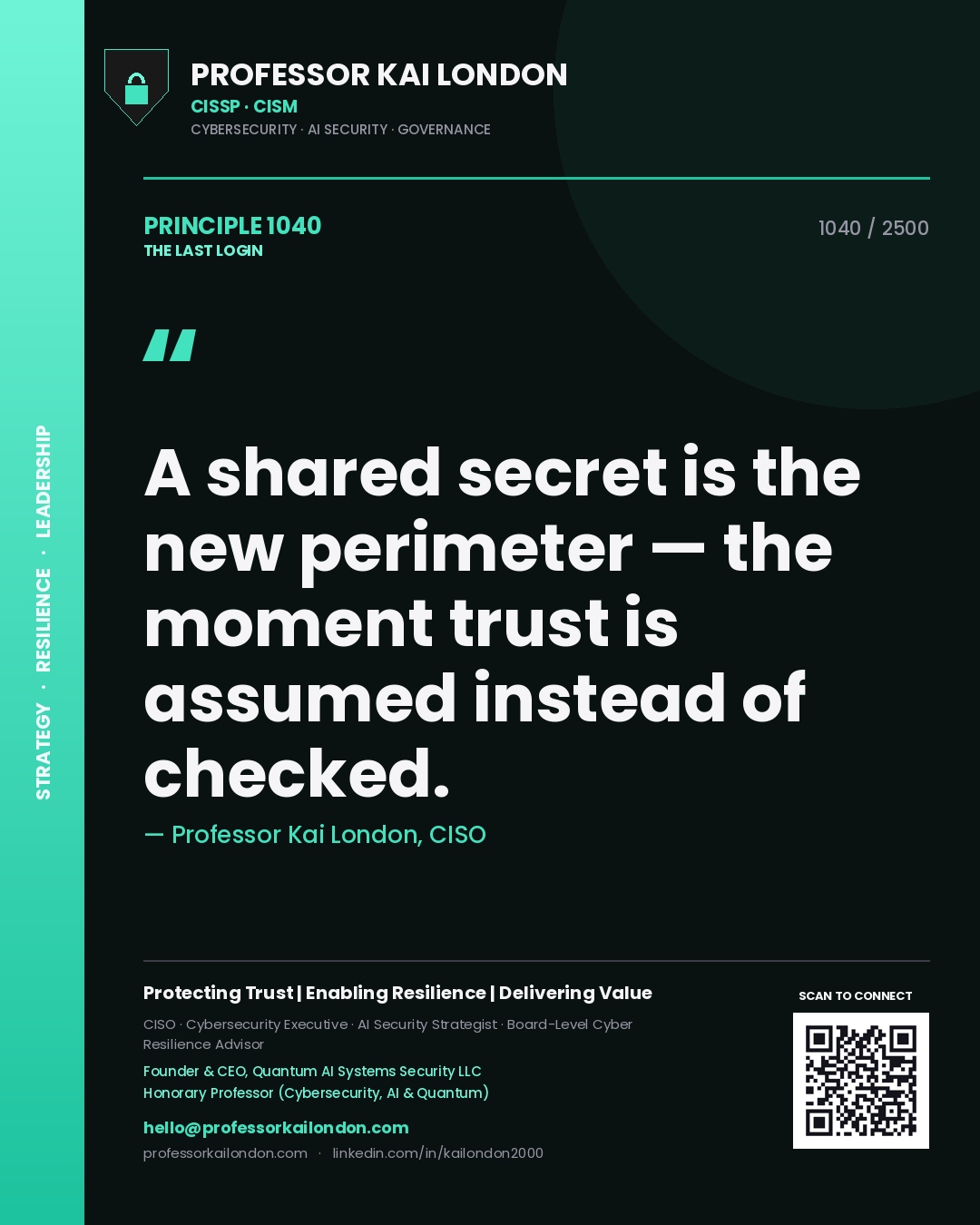 Quote card by Professor Kai London reading 'A shared secret is the new perimeter — the moment trust is assumed instead of checked.'. From the book The Last Login.