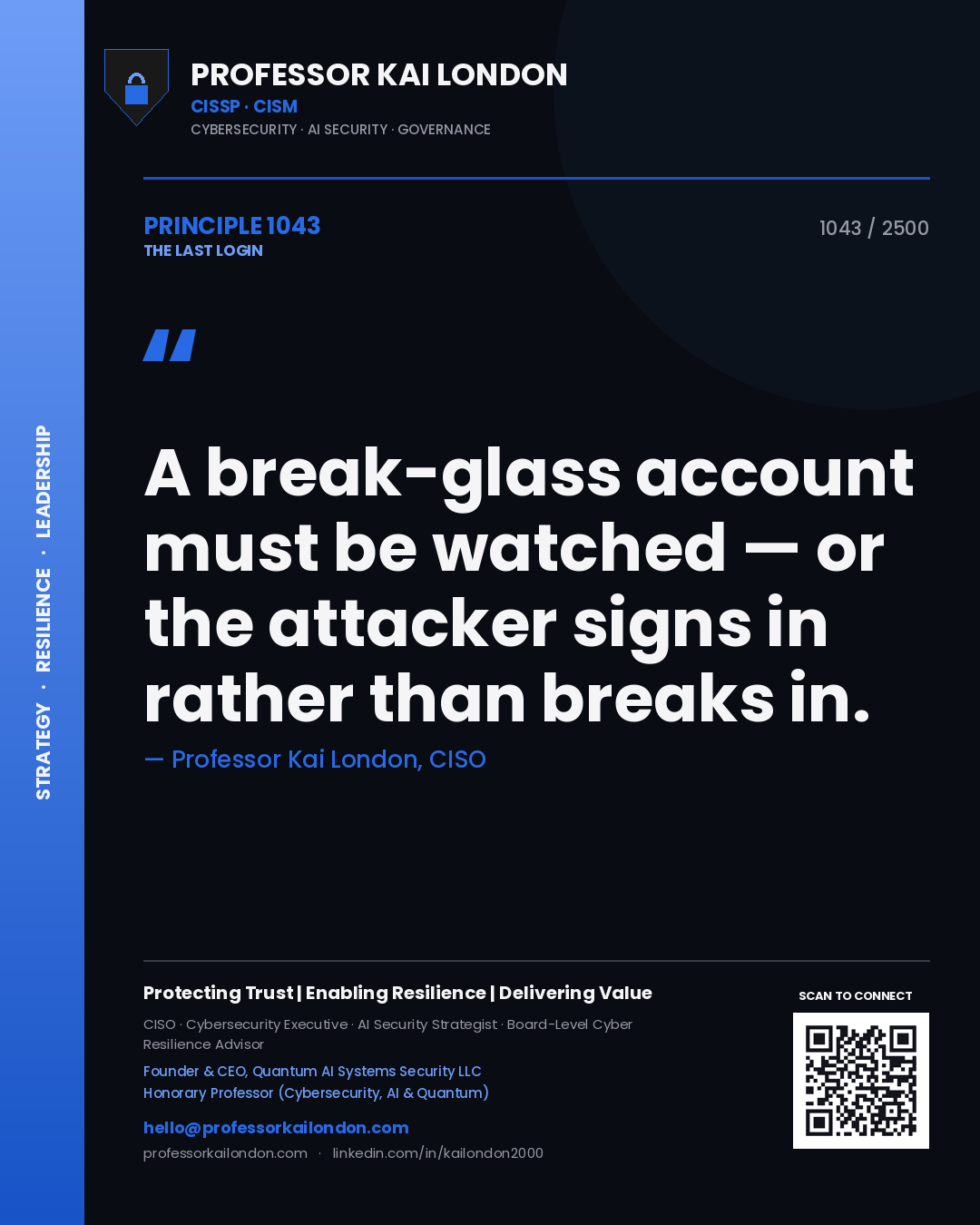 Professor Kai London principle 1043: A break-glass account must be watched — or the attacker signs in rather than breaks in.