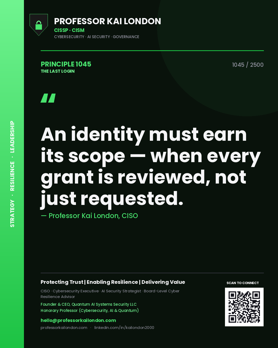 Quote card by Professor Kai London reading 'An identity must earn its scope — when every grant is reviewed, not just requested.'. From the book The Last Login.