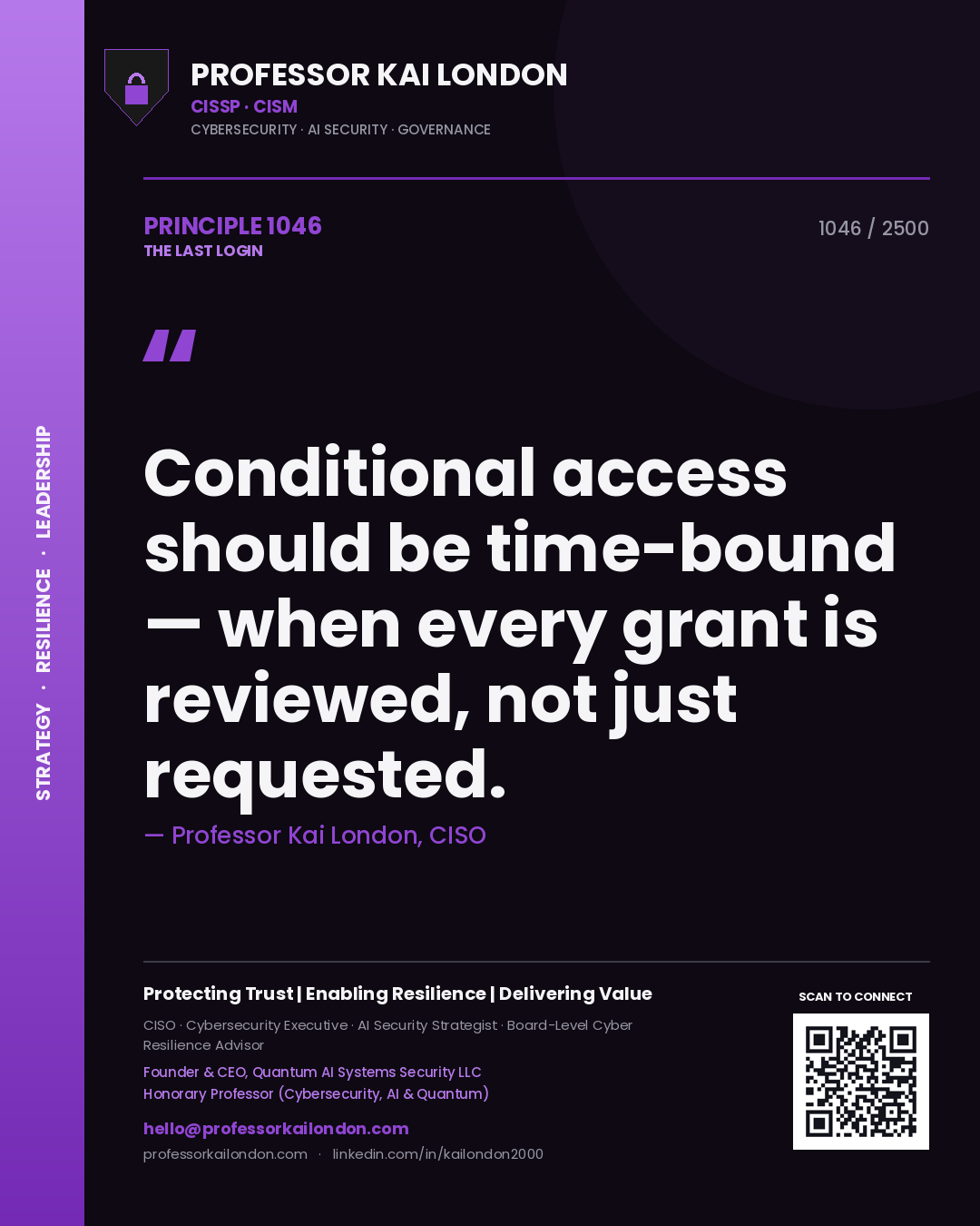 Quote card by Professor Kai London reading 'Conditional access should be time-bound — when every grant is reviewed, not just requested.'. From the book The Last Login.