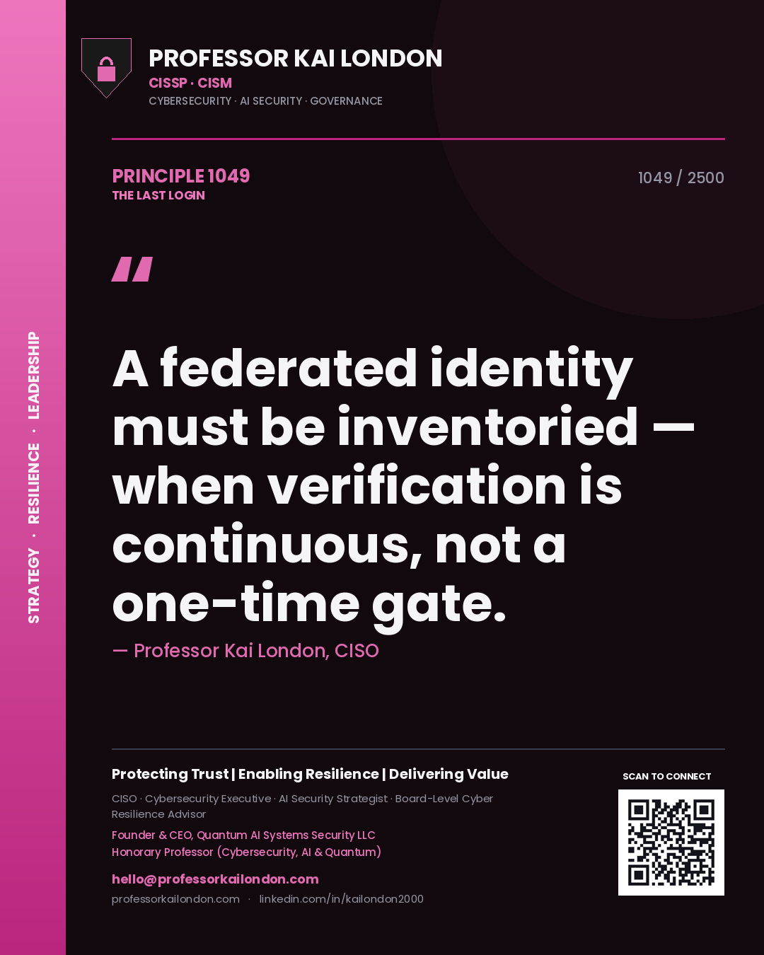 Professor Kai London principle 1049: A federated identity must be inventoried — when verification is continuous, not a one-time gate.