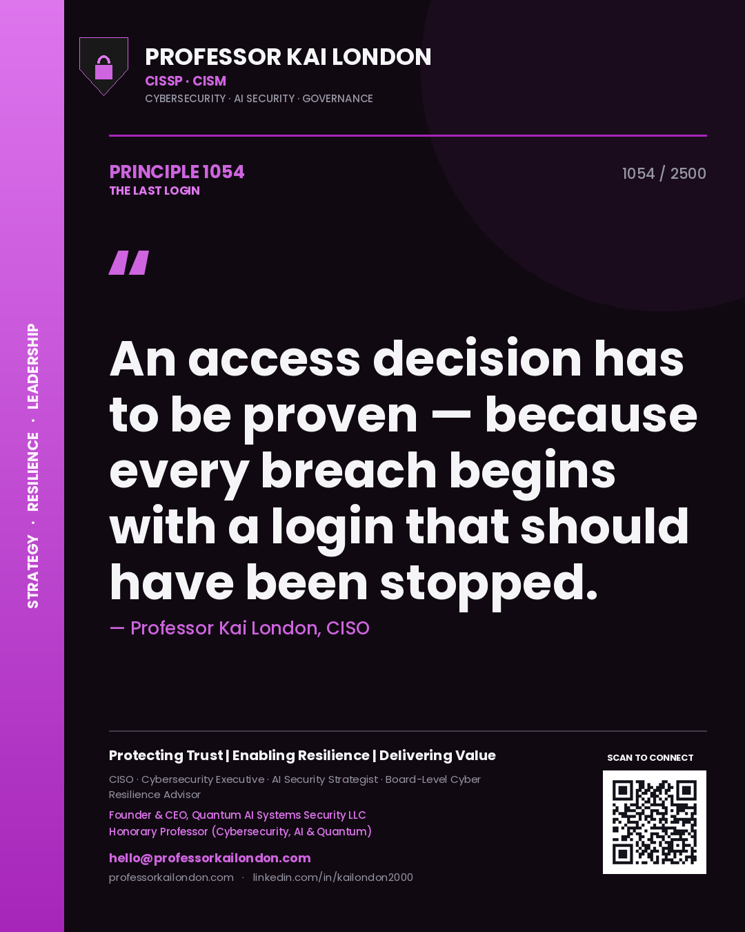 Professor Kai London principle 1054: An access decision has to be proven — because every breach begins with a login that should have been stopped.