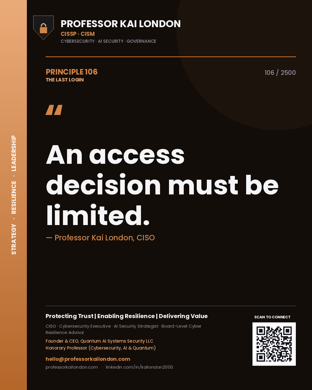 Quote card by Professor Kai London reading 'An access decision must be limited.'. From the book The Last Login.