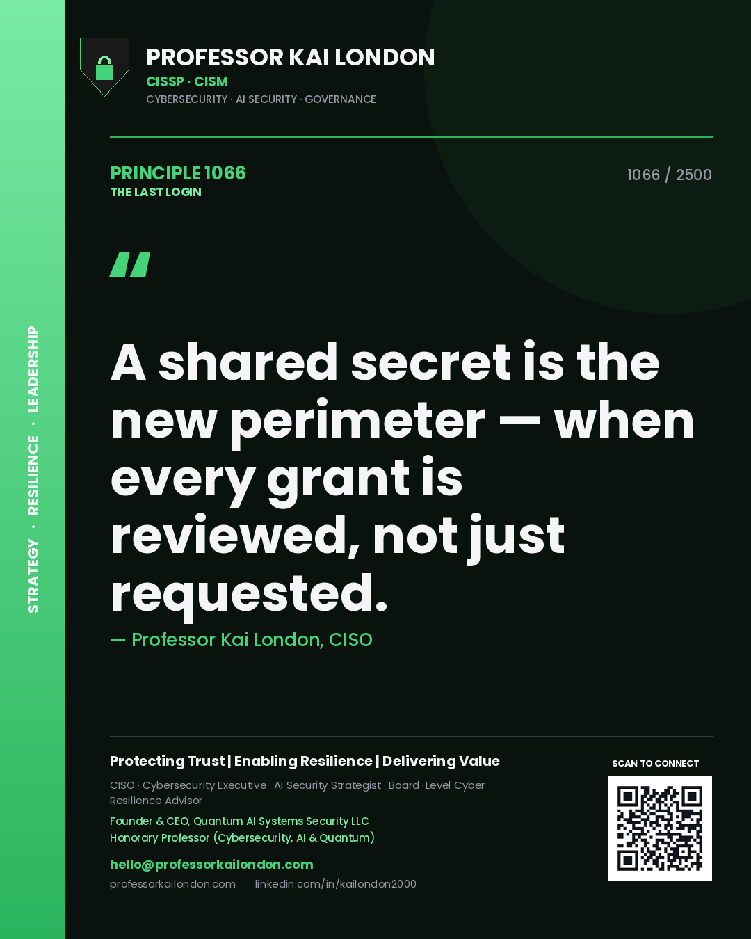 Quote card by Professor Kai London reading 'A shared secret is the new perimeter — when every grant is reviewed, not just requested.'. From the book The Last Login.