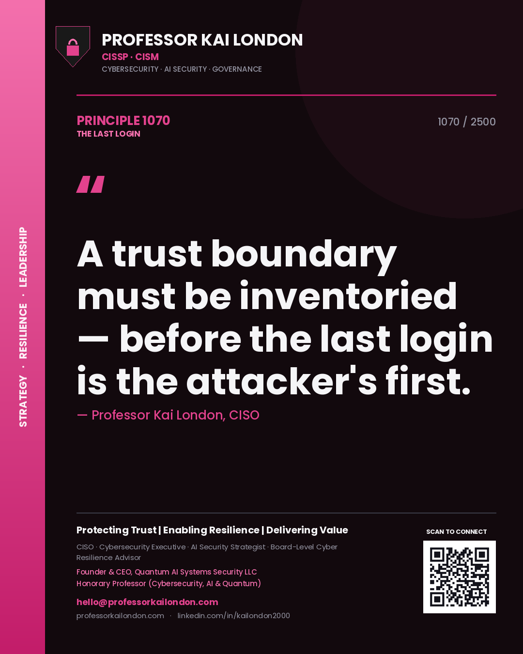 Quote card by Professor Kai London reading 'A trust boundary must be inventoried — before the last login is the attacker's first.'. From the book The Last Login.