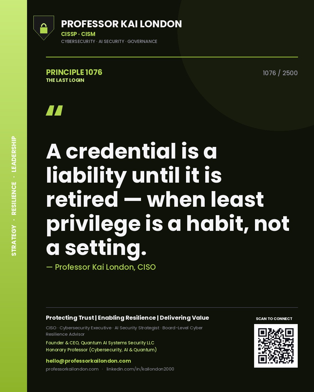 Quote card by Professor Kai London reading 'A credential is a liability until it is retired — when least privilege is a habit, not a setting.'. From the book The Last Login.