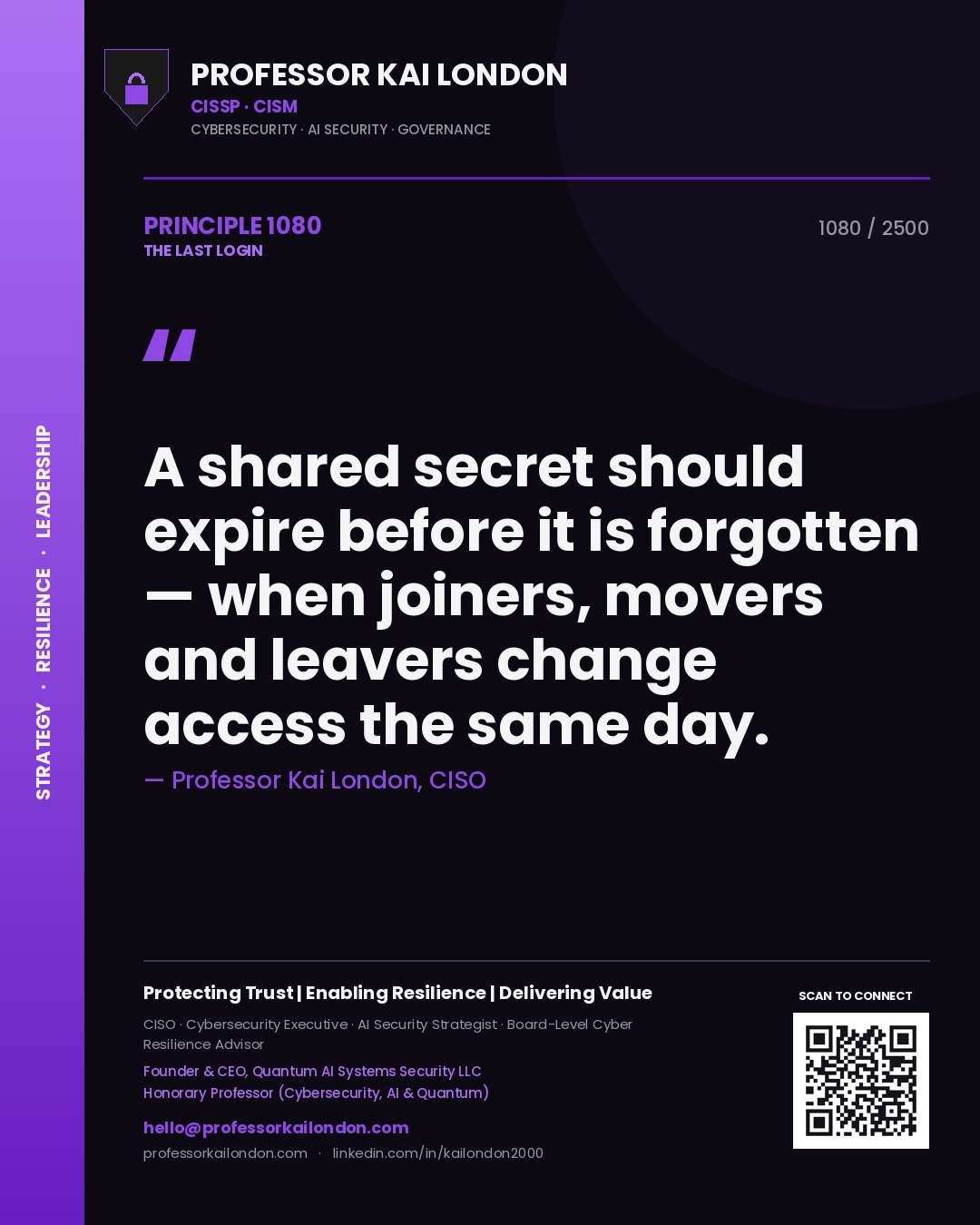 Professor Kai London principle 1080: A shared secret should expire before it is forgotten — when joiners, movers and leavers change access the same day.