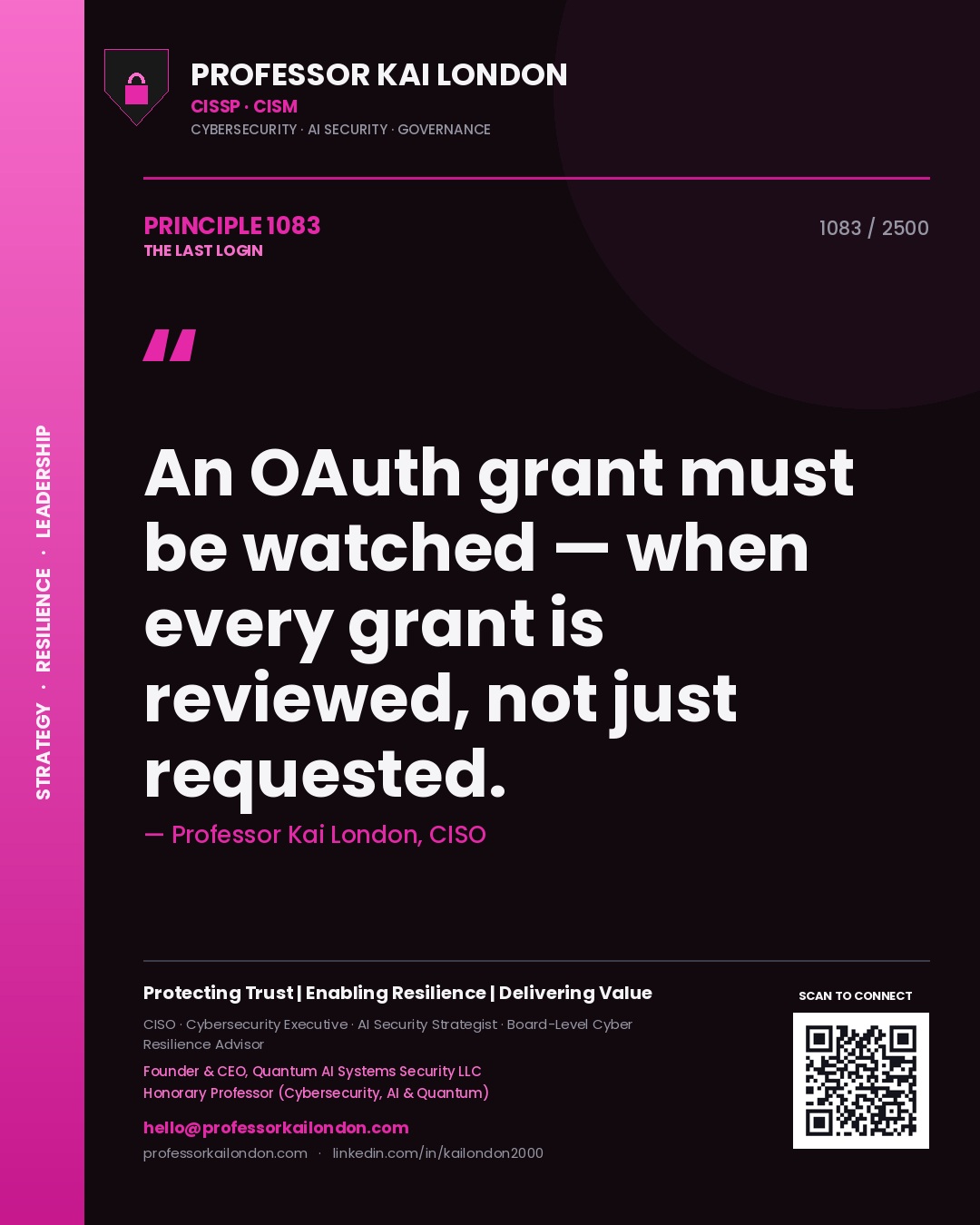 Quote card by Professor Kai London reading 'An OAuth grant must be watched — when every grant is reviewed, not just requested.'. From the book The Last Login.