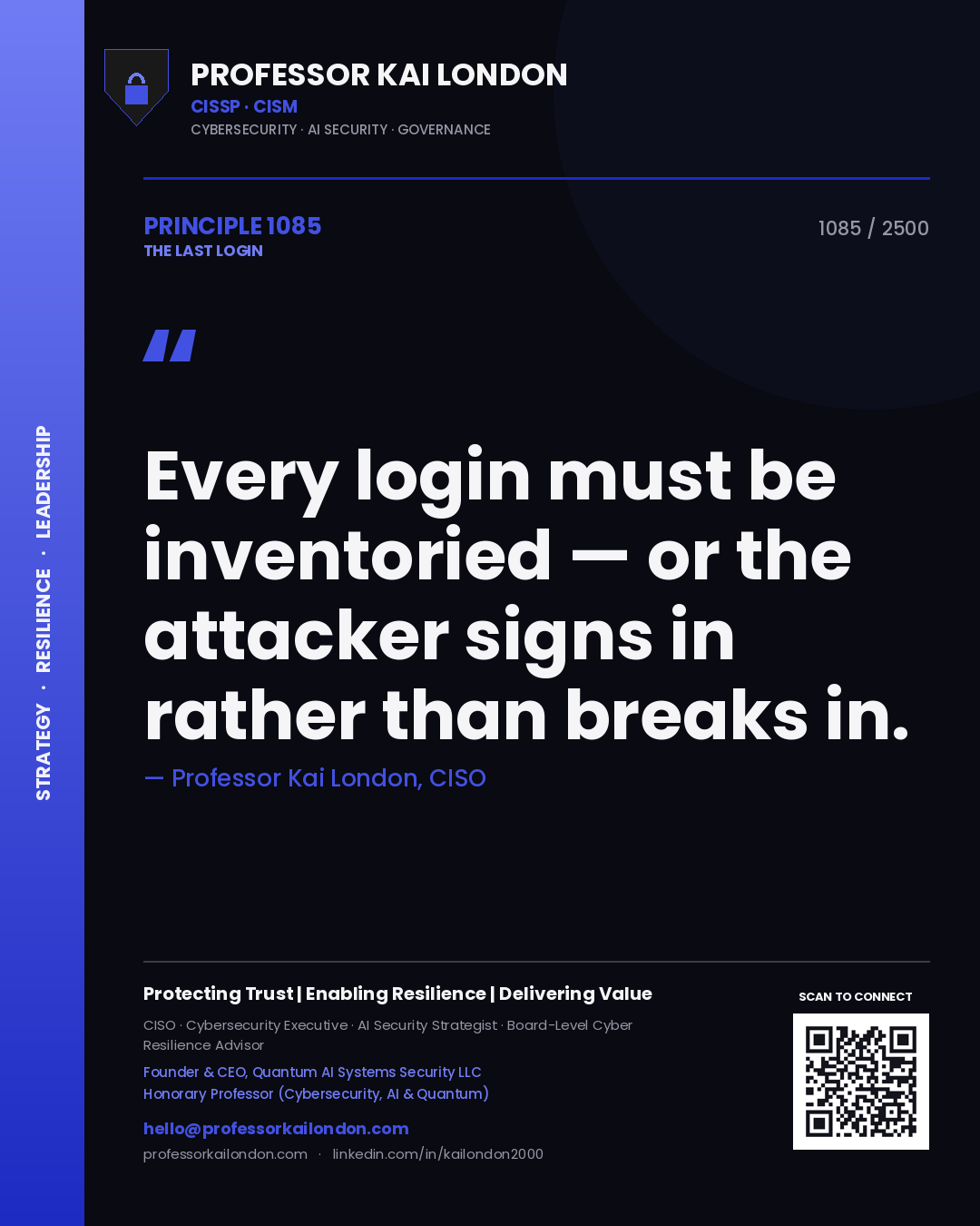 Professor Kai London principle 1085: Every login must be inventoried — or the attacker signs in rather than breaks in.