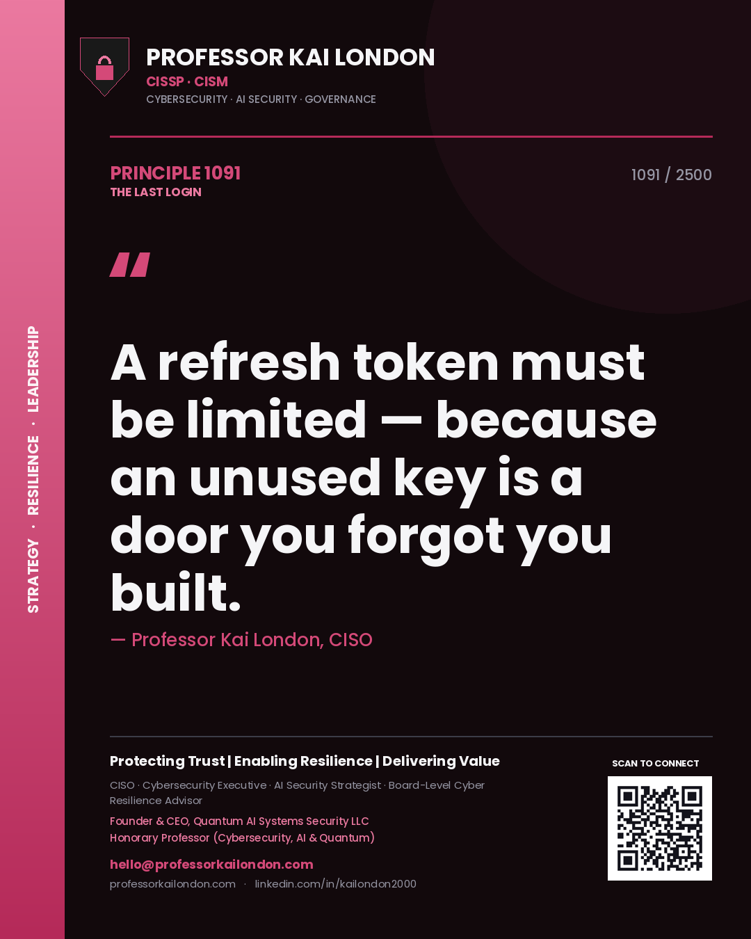 Quote card by Professor Kai London reading 'A refresh token must be limited — because an unused key is a door you forgot you built.'. From the book The Last Login.