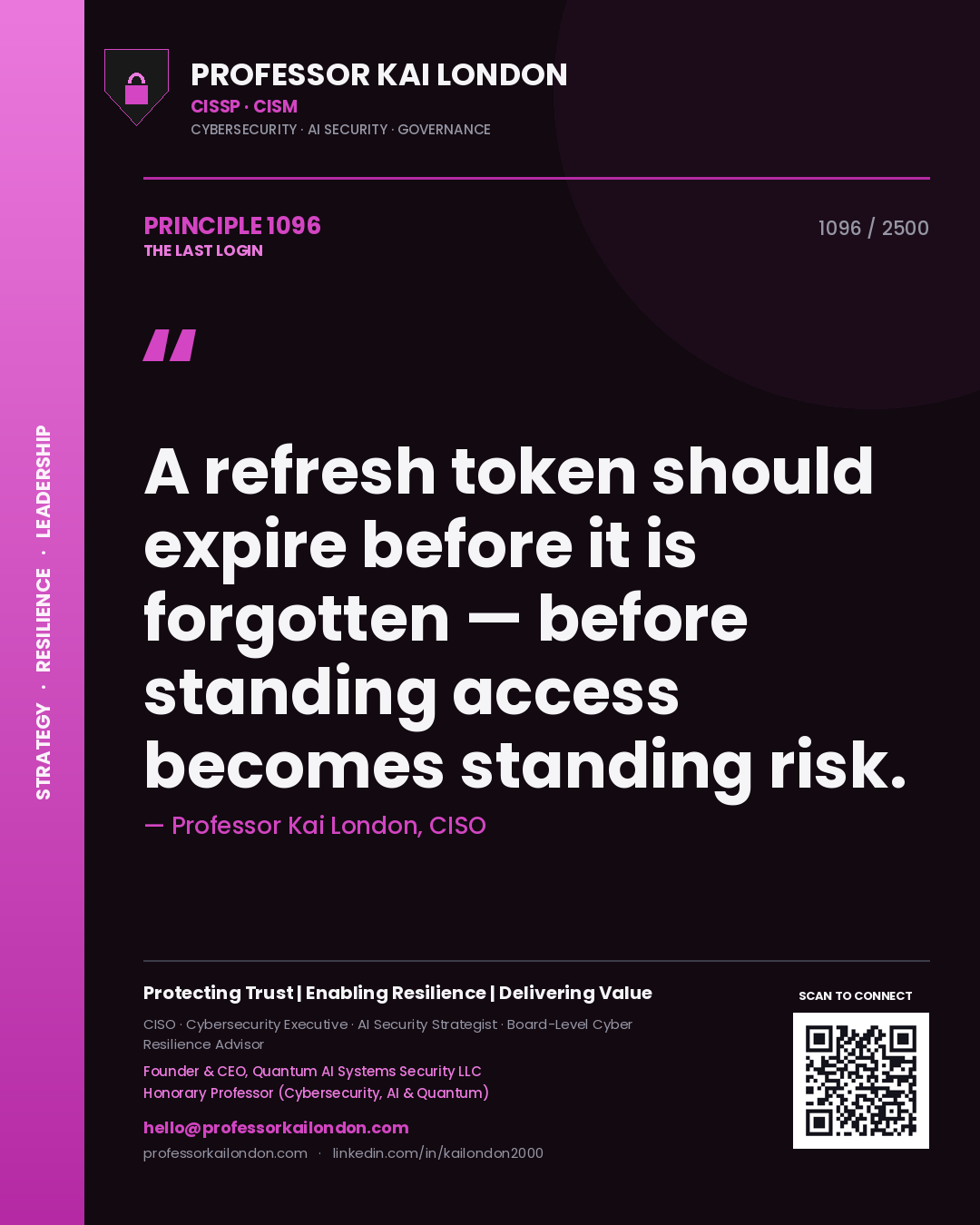 Professor Kai London principle 1096: A refresh token should expire before it is forgotten — before standing access becomes standing risk.