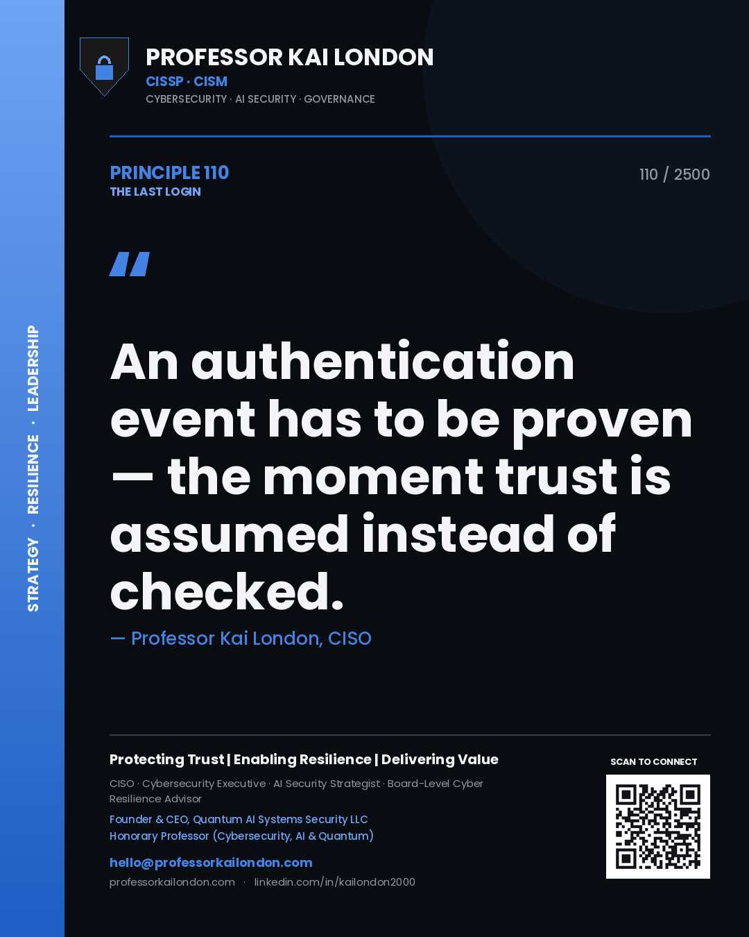 Quote card by Professor Kai London reading 'An authentication event has to be proven — the moment trust is assumed instead of checked.'. From the book The Last Login.