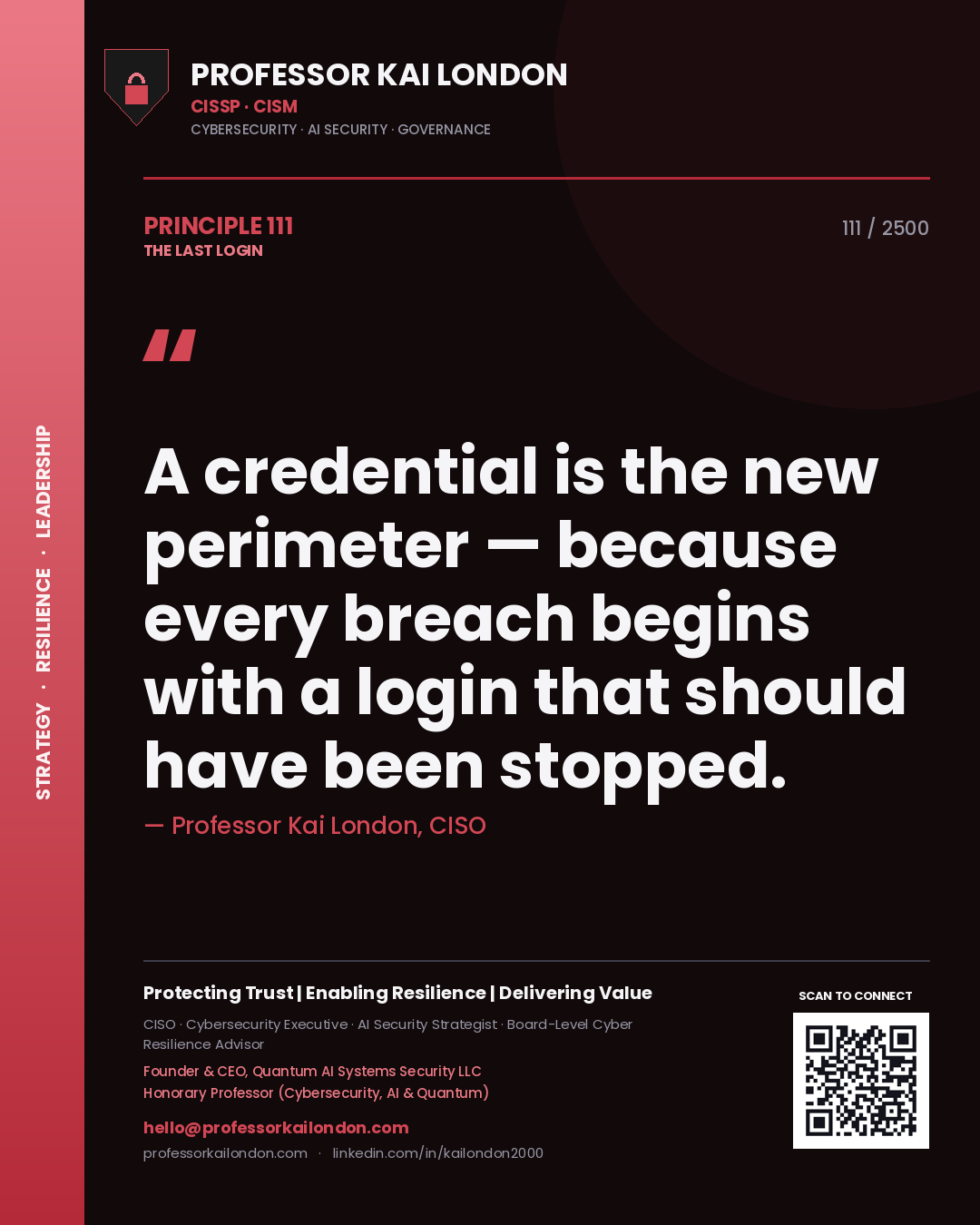 Quote card by Professor Kai London reading 'A credential is the new perimeter — because every breach begins with a login that should have been stopped.'. From the book The Last Login.