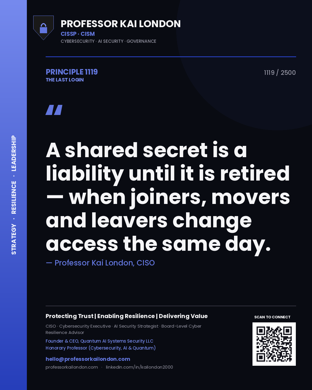 Professor Kai London principle 1119: A shared secret is a liability until it is retired — when joiners, movers and leavers change access the same day.