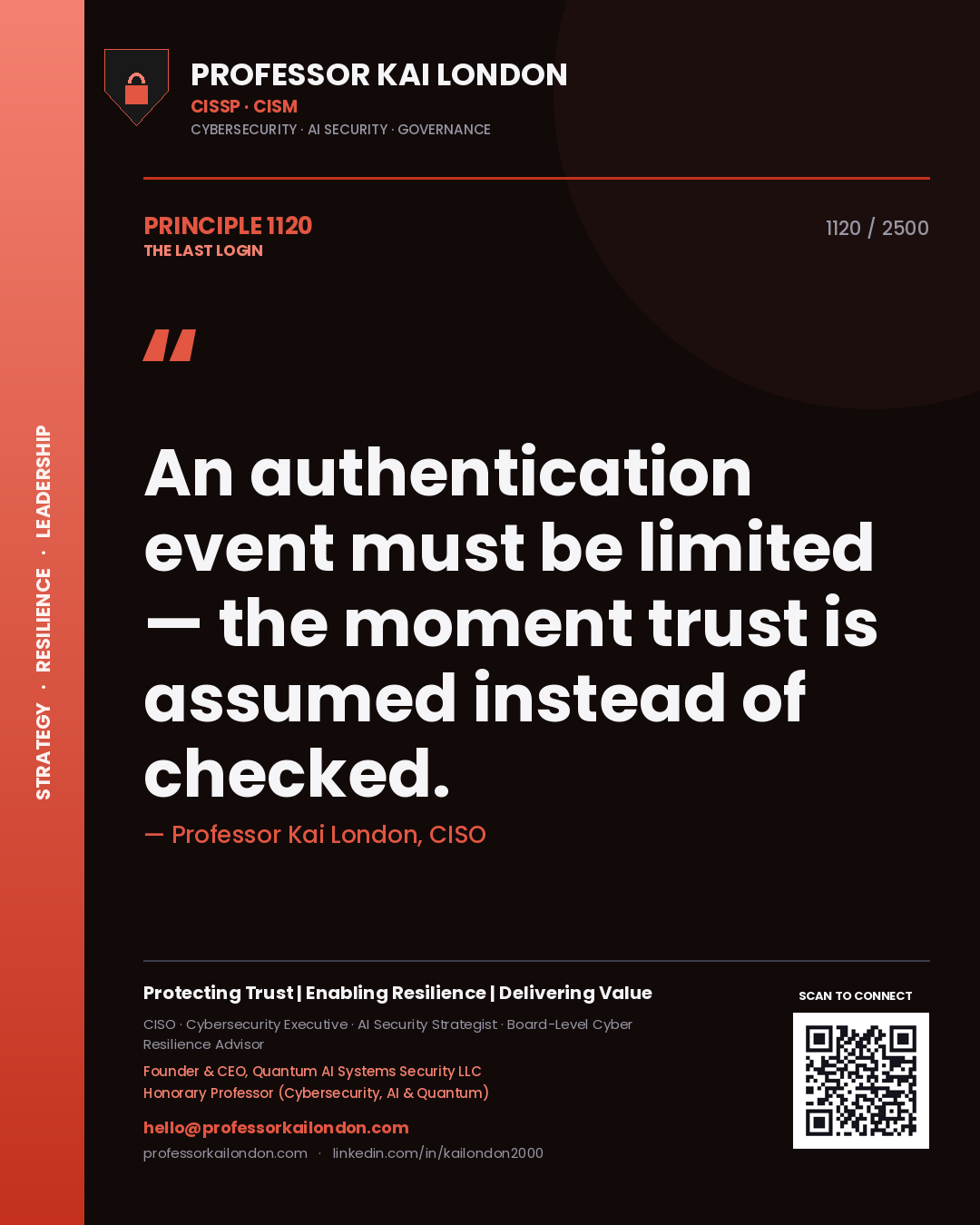 Quote card by Professor Kai London reading 'An authentication event must be limited — the moment trust is assumed instead of checked.'. From the book The Last Login.