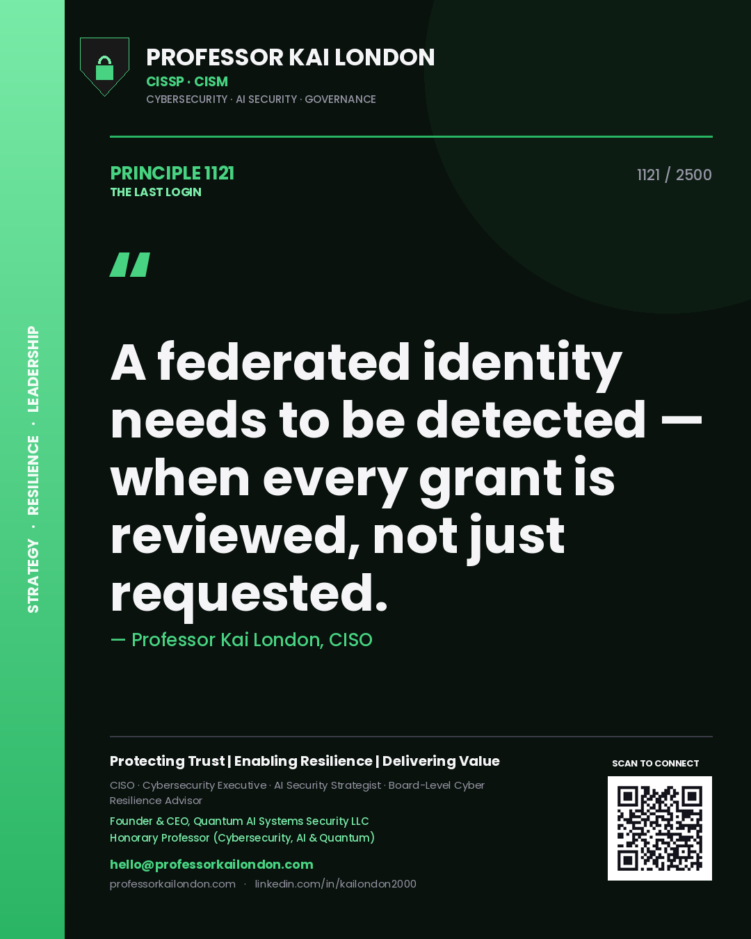 Professor Kai London principle 1121: A federated identity needs to be detected — when every grant is reviewed, not just requested.