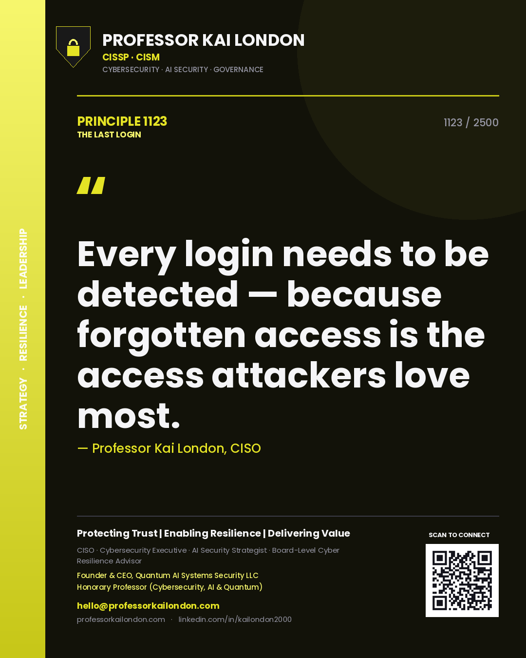 Professor Kai London principle 1123: Every login needs to be detected — because forgotten access is the access attackers love most.