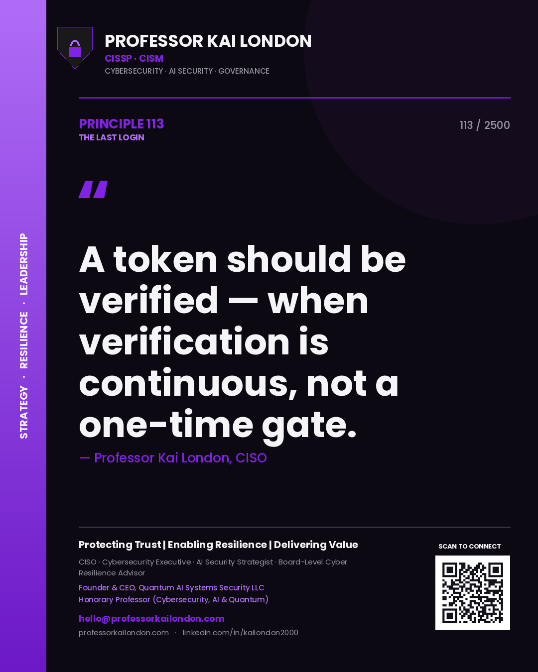 Quote card by Professor Kai London reading 'A token should be verified — when verification is continuous, not a one-time gate.'. From the book The Last Login.
