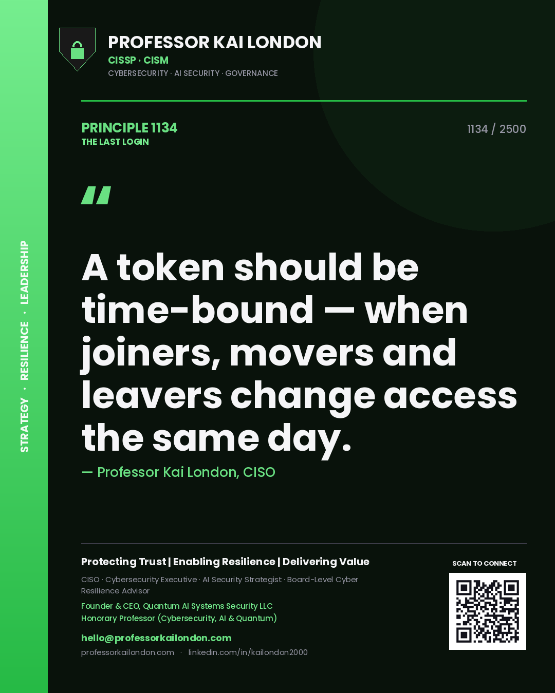 Professor Kai London principle 1134: A token should be time-bound — when joiners, movers and leavers change access the same day.