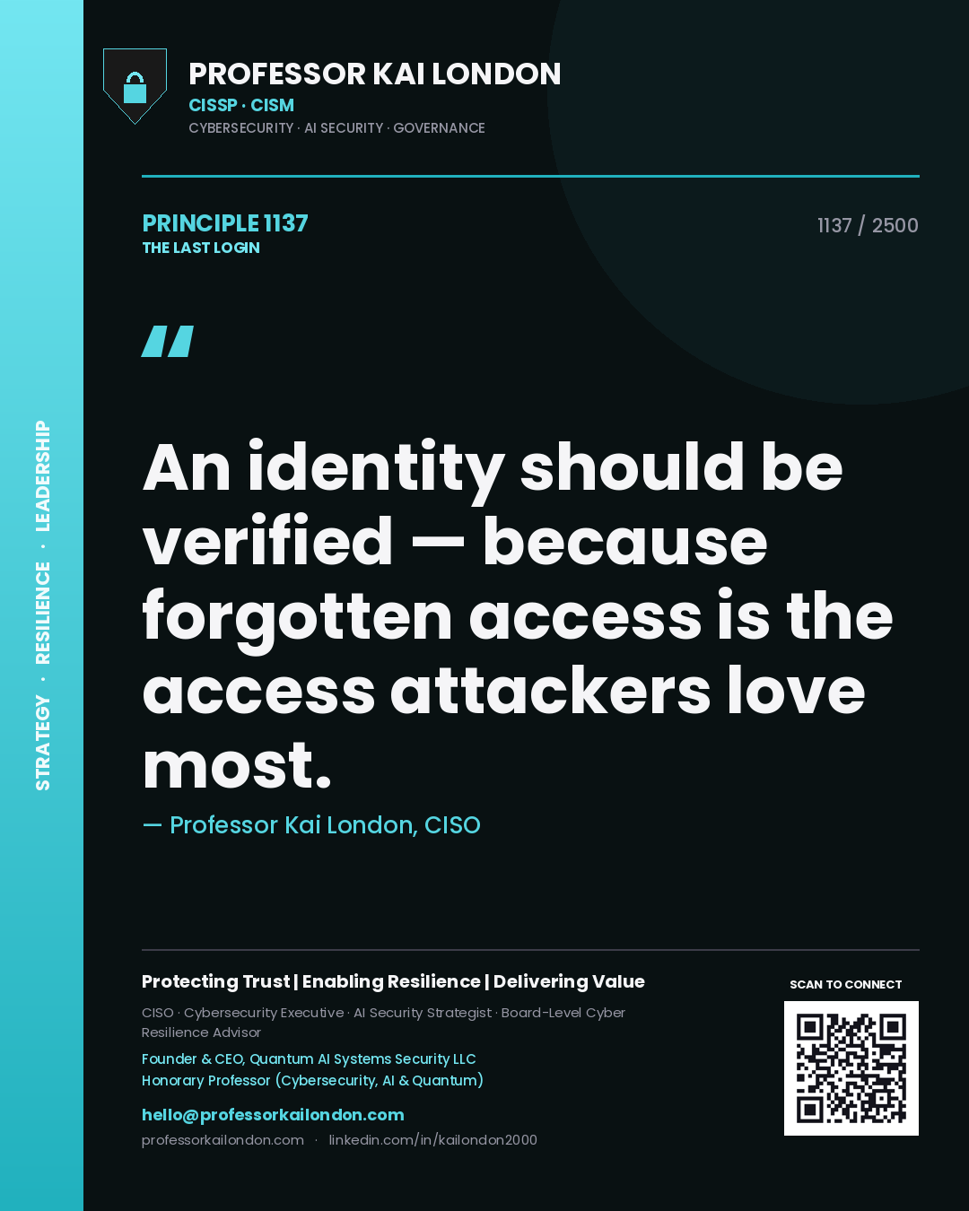 Quote card by Professor Kai London reading 'An identity should be verified — because forgotten access is the access attackers love most.'. From the book The Last Login.